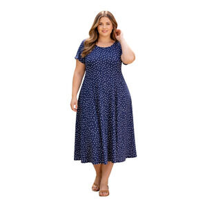 WOMAN WITHIN Women's 22 24 Dress Midi Navy Blue White Polka Dot Jersey Flared